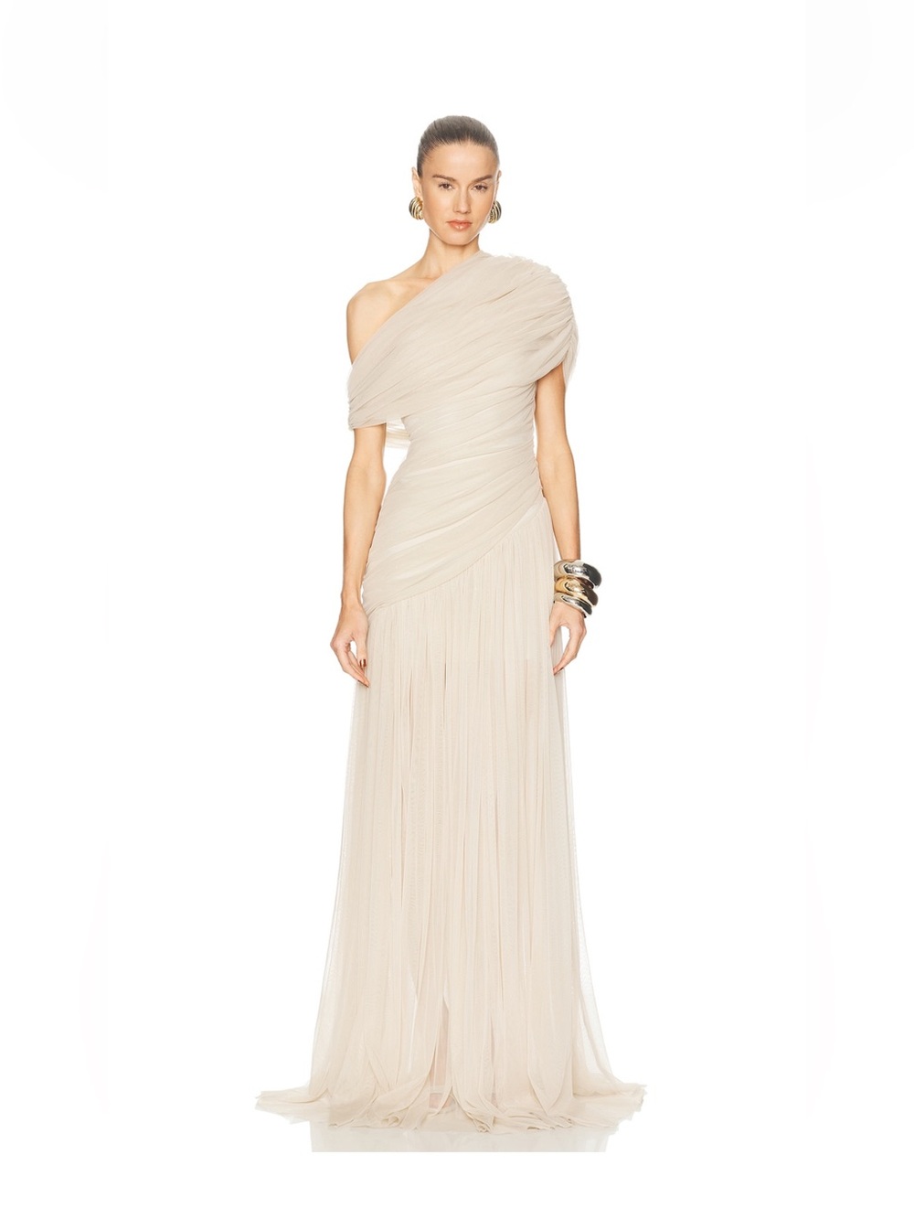 One-Shoulder Cream Pleated Evening Gown
